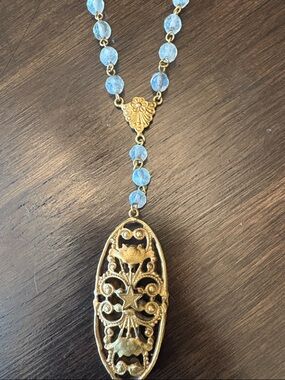 Gold Filigree Pendant Necklace with Light Blue Beads - Women Jewelry